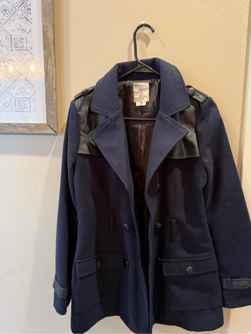 Tulle Navy Peacoat with Faux Leather Trim